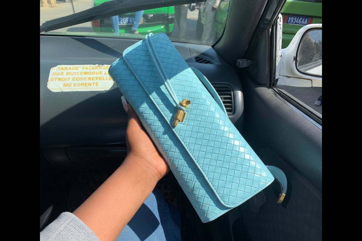 Bottega Veneta Inspired Clutch (Light Blue) with Long Strap