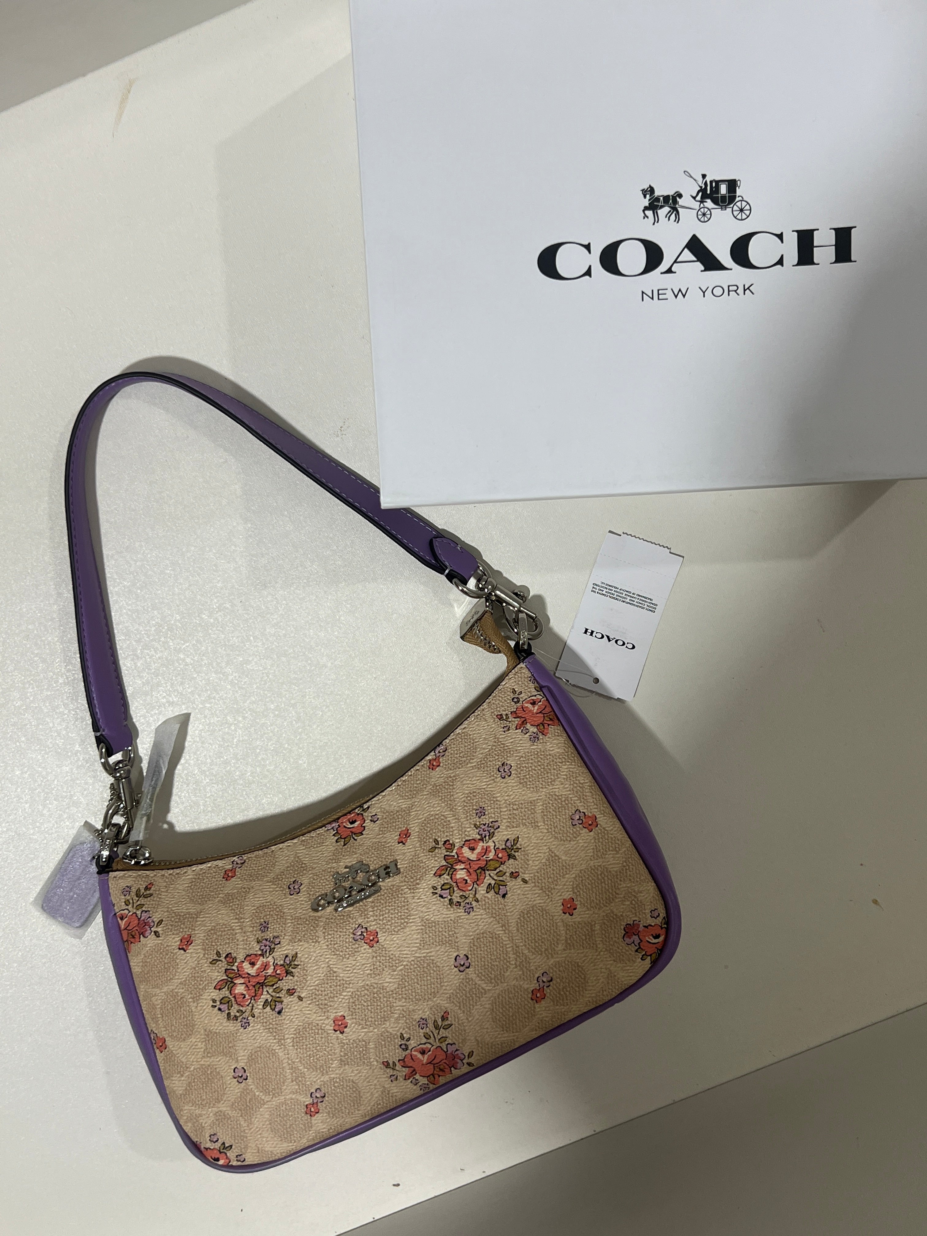 Coach Teri Purple Floral Print Shoulder Bag (with Box and long strap)