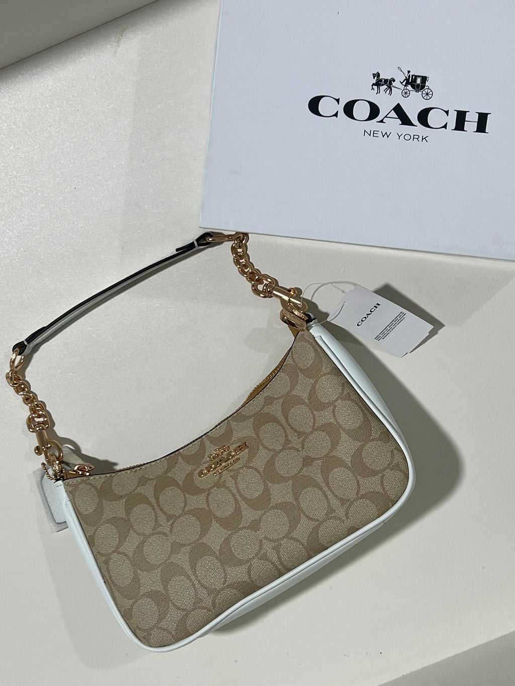 Coach Teri khaki white Shoulder Bag (with Box and long strap)