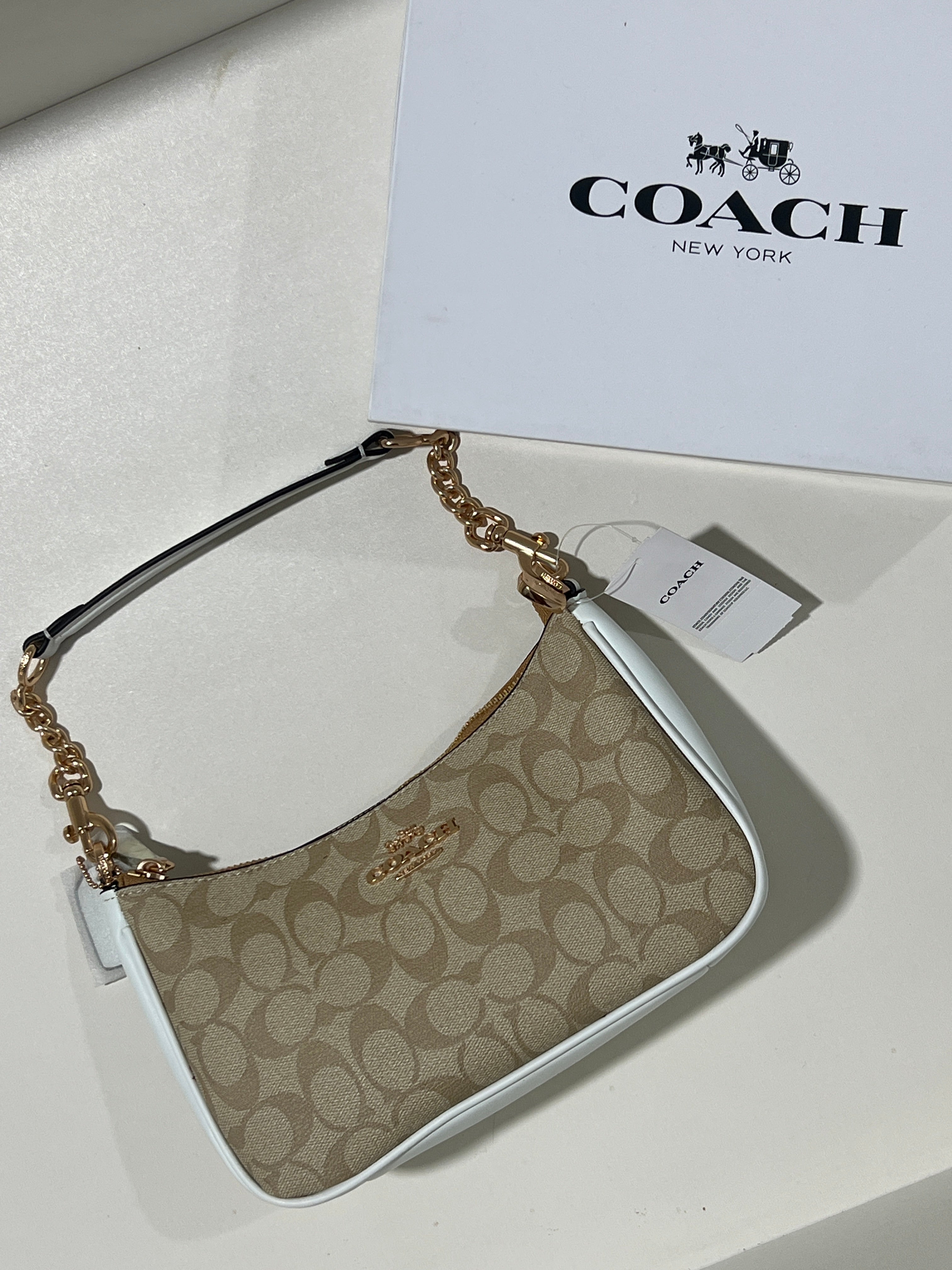 Coach Teri khaki white Shoulder Bag (with Box and long strap)
