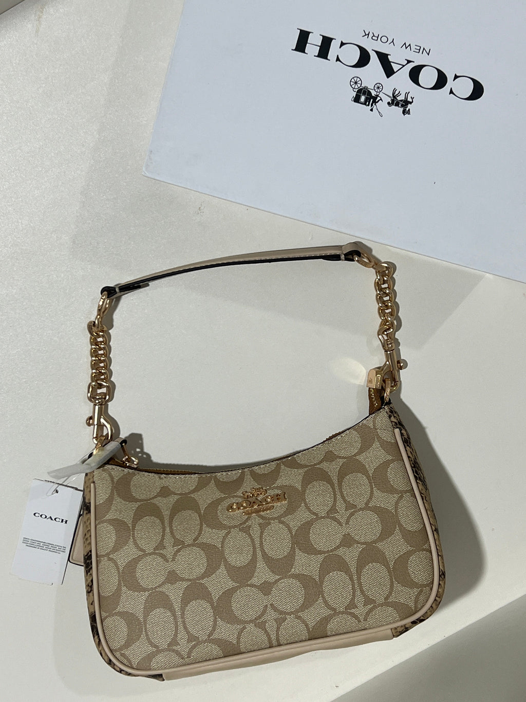 Coach Teri khaki snake-embossed leather Shoulder Bag (with Box and long strap)