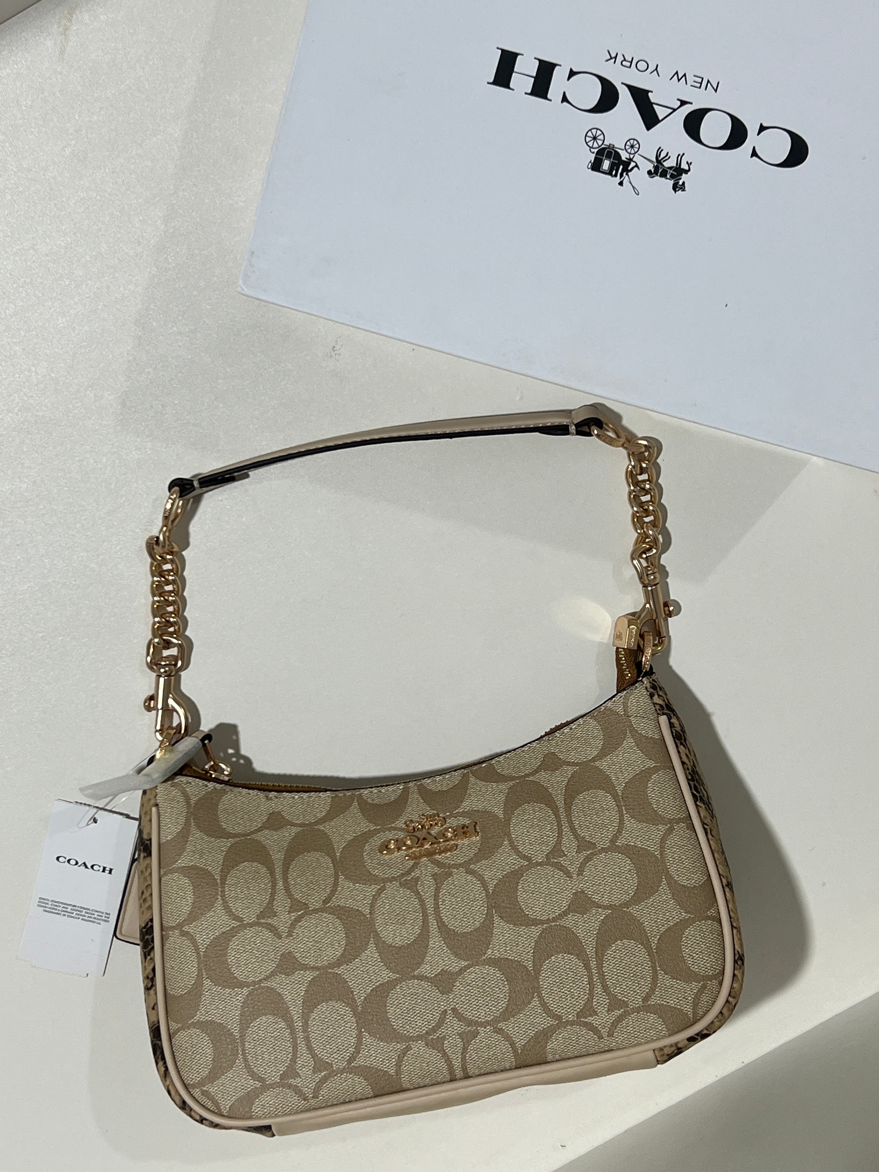 Coach Teri khaki snake-embossed leather Shoulder Bag (with Box and long strap)