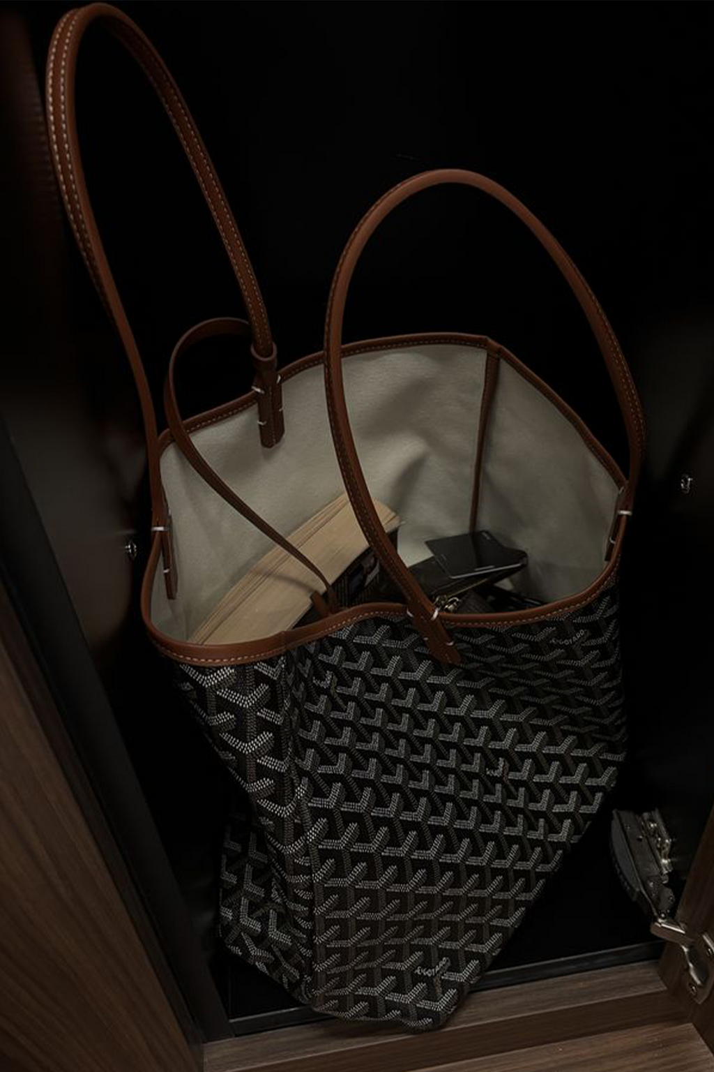Goyard Tote Bag –  Black with Brown (Large With Pouch)
