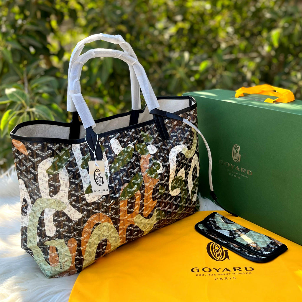 Goyard Black Leatherr Camouflage Goyardine Coated Canvas Limited Edition Saint Louis PM Tote