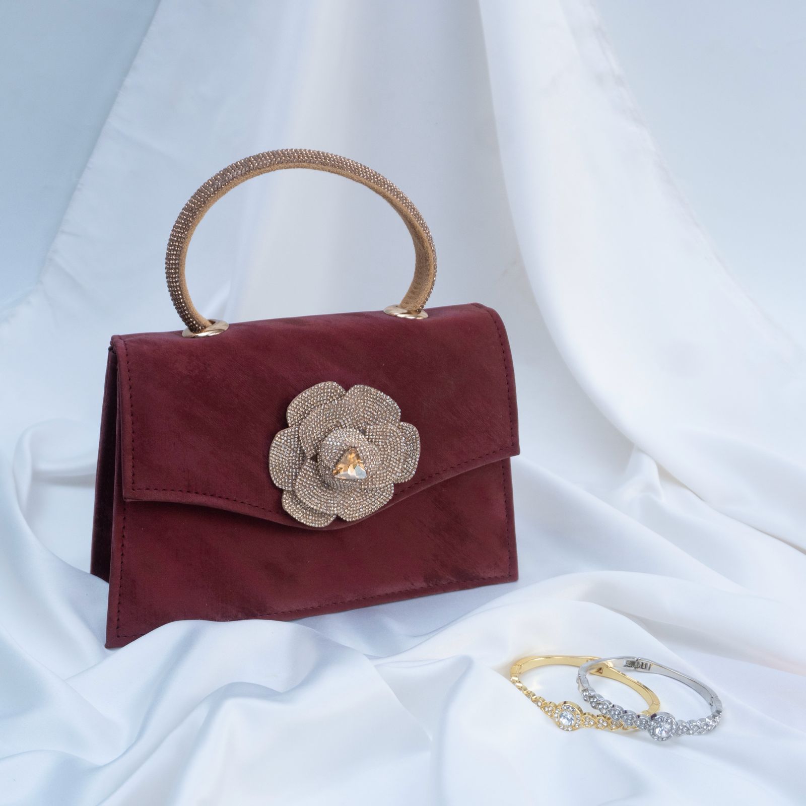 Faux Suede Floral Clutch Bag